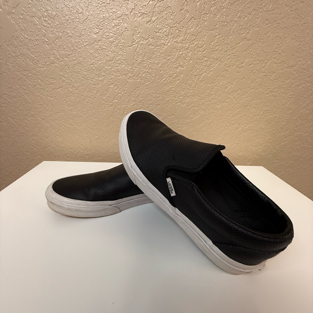 Women’s Leather Vans Black Slip-On Sneakers